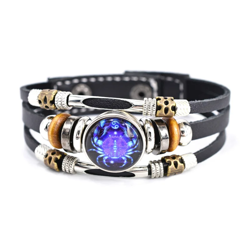 Three Layer Button 12 Horoscope Symbol Pattern Leather Weaving Adjustable Bracelet for Teenager ZU035