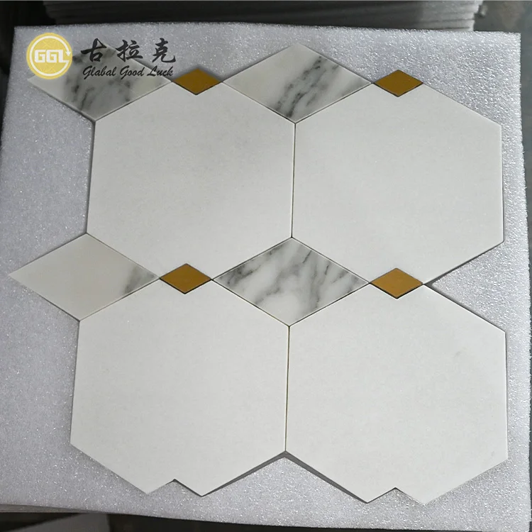 Marble Calacatta Gold Mixed Thassos White  And Brass Waterjet Polished Mosaic Tile for Bathroom Wholesale