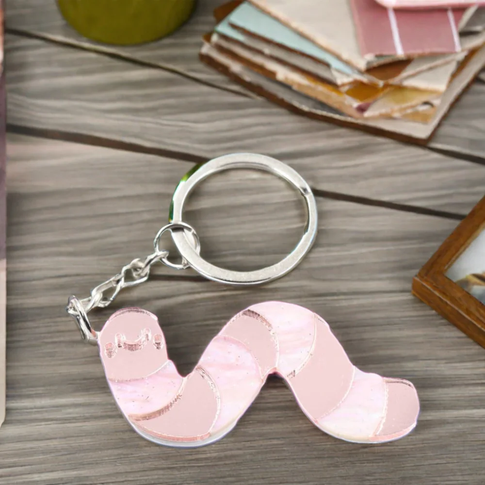 YYXKH1320 Cute Pink Earthworm Keychain Girls' Luggage Series Stainless Steel Coin Holder UV Printing Plastic Material factory