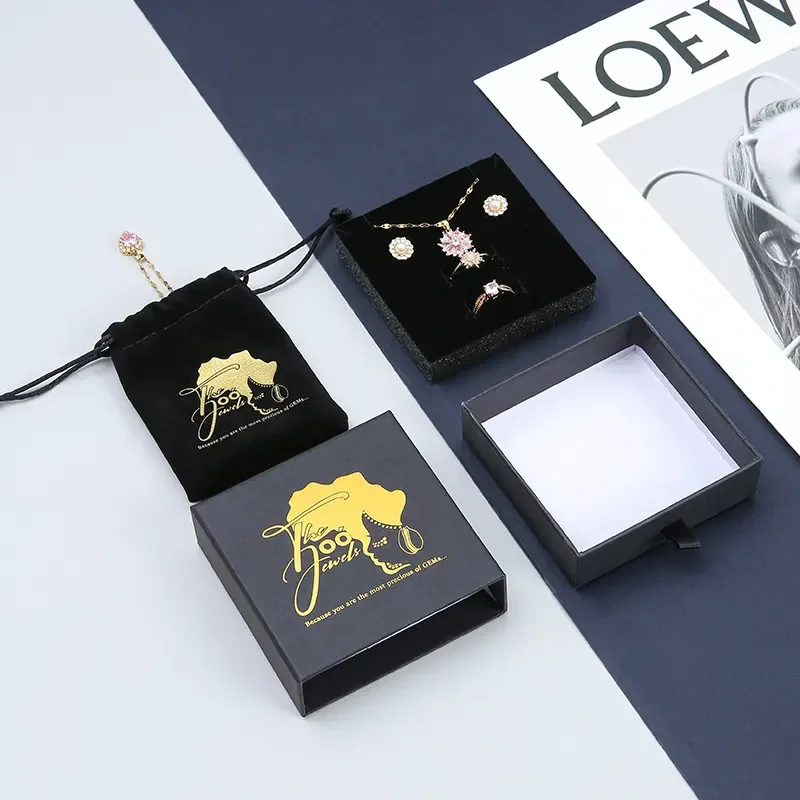 A1 Premium Black Ring Necklace Cardboard Jewelry Gift Box with Wood Lining Custom Size OEM Jewelry Box Organizer Bag