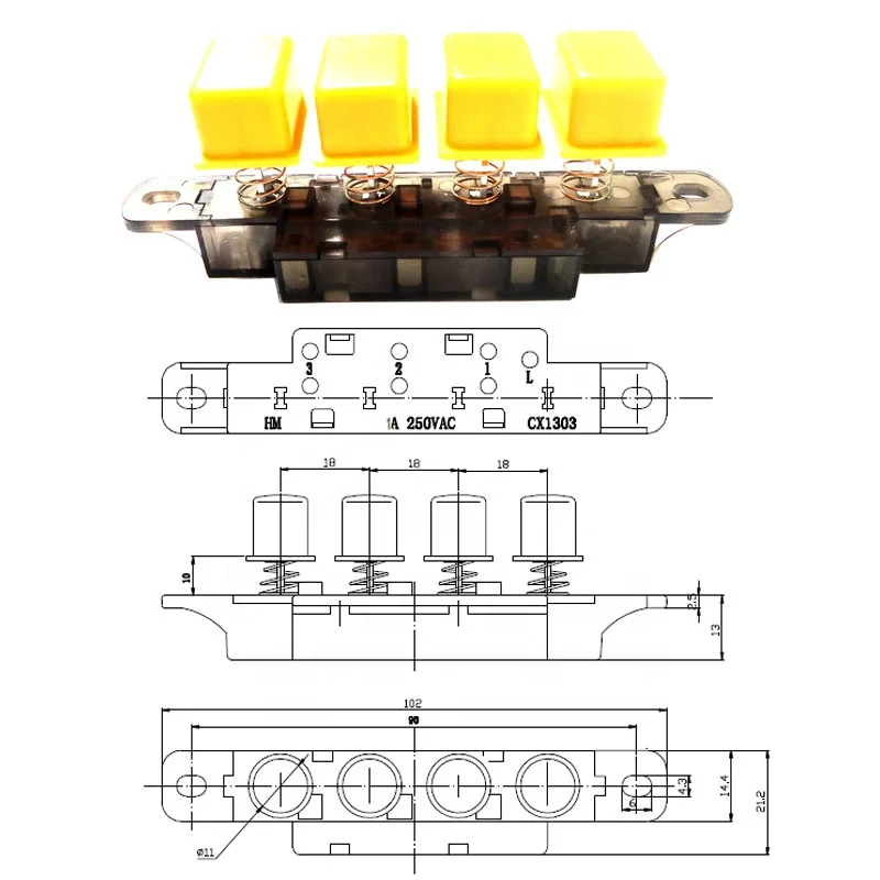4-Button Touch Switch for Home Appliance 3-Speed Fan Light Momentary Operation IP65 Brass Plastic Material Max Voltage 250V 20A