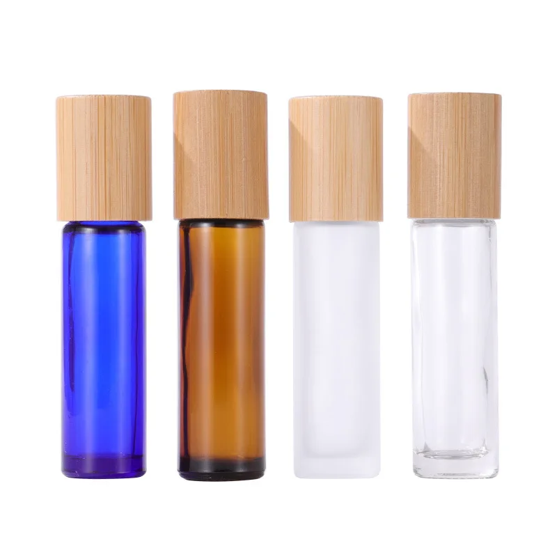 10ml  wholesale Bamboo Lid Glass Roll On Perfume Bottle  Glass perfume roller bottle  essential Oil bottle with bamboo lid