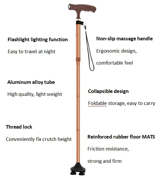 Simplywalk Four-legged Non-slip Telescopic Foldable Aluminum Alloy Cane with Lights for Walkers Walking Stick