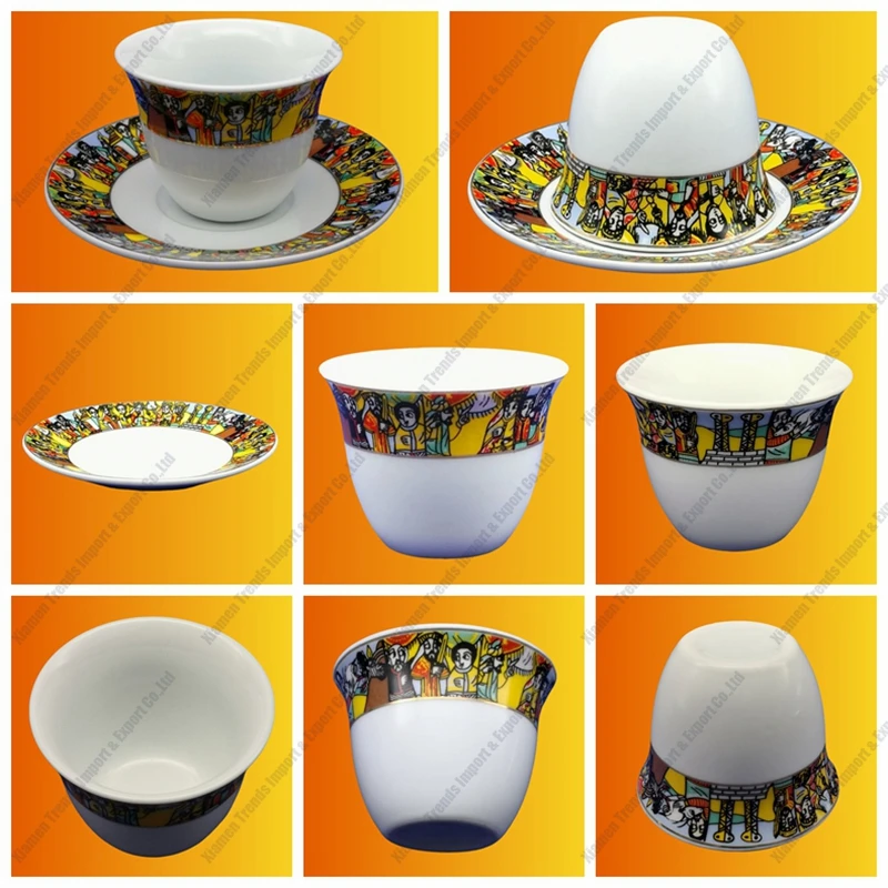 Mid Eastern Custom logo Porcelain Small Saudi Ghawa Qahwa Kawa Cawa Cups Arabic Coffee Tea Cups with Gift Box