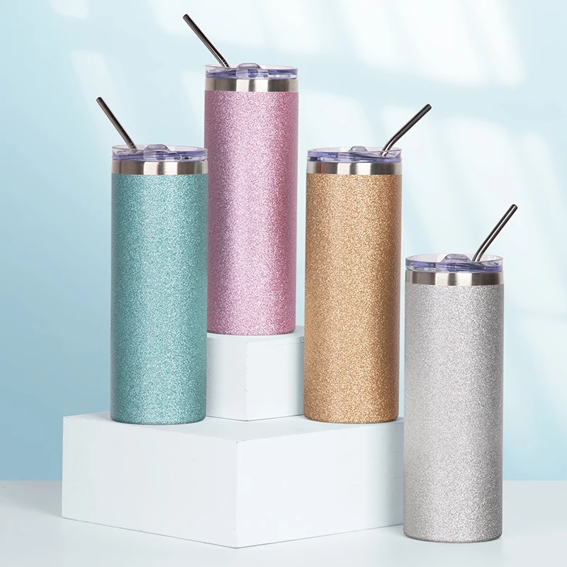 PYD Life Sublimation Blanks Glitter Tumbler Skinny Silver 20 OZ Straight  Stainless Steel Tumbler with Lid and Metal Straw for Tumbler Press Machine