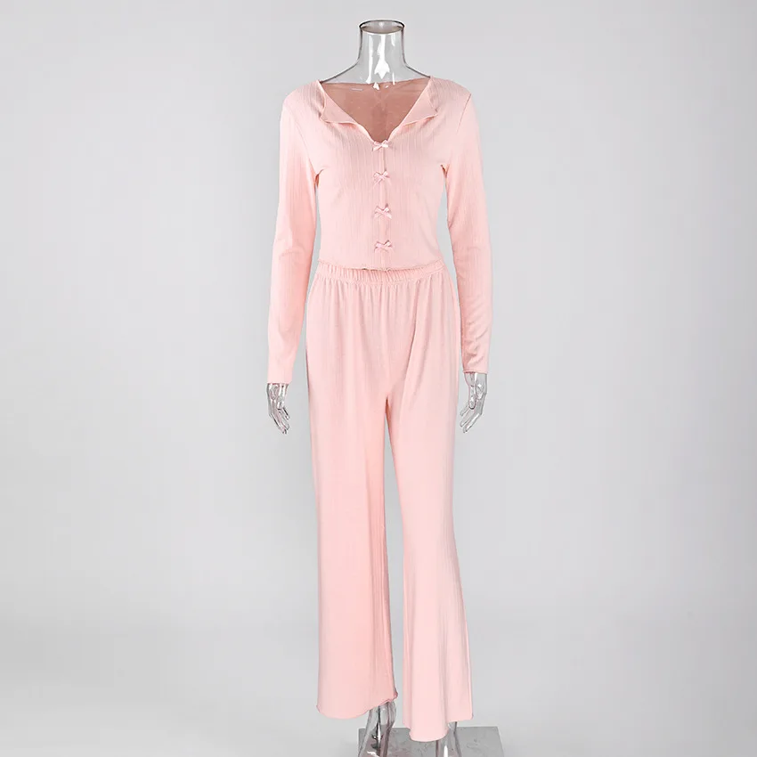 Women Bow Pajama Set V Neck Long Sleeve Sleepwear Soft Two Piece Lounge Outfit for Autumn Winter and Christmas — detail