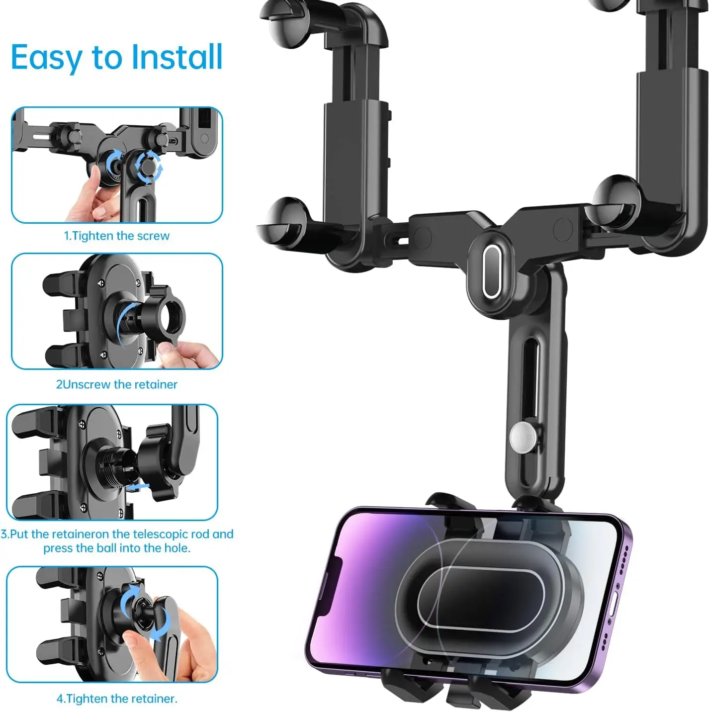 360 Rotating Car Rearview Mirror Phone Holder - Perfect for Kids and Adults - Compatible with Phones and GPS Devices