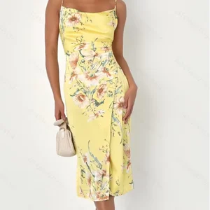 Women's Yellow Floral Print Midi Dress Young Ladies' Summer Casual Style Slit Woven Collarless Breathable