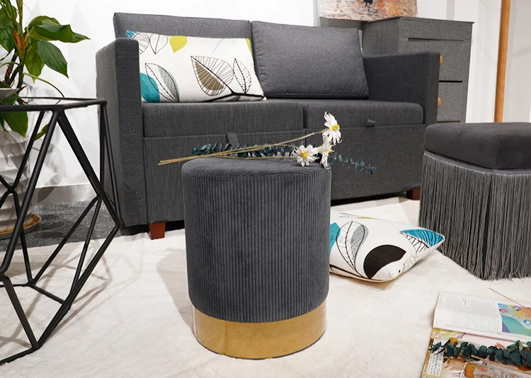 Custom American Light Luxury Colorful Round Ottoman Storage Velvet Small Stool With Golden Ring