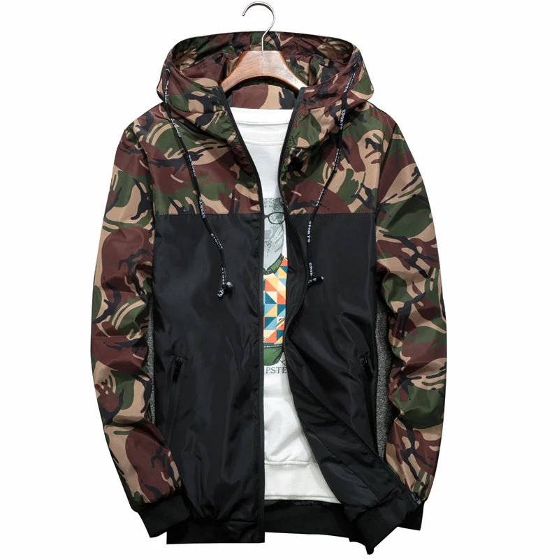 Camouflage color-blocked men's thin, lightweight, casual, windproof, hooded, spring outdoor jacket, zipper closure, polyester material.