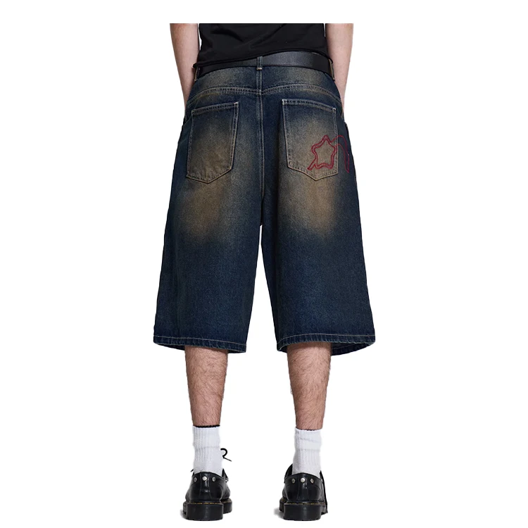 Custom Logo Embroidery Acid Wash Jorts Men Baggy Mid-waist