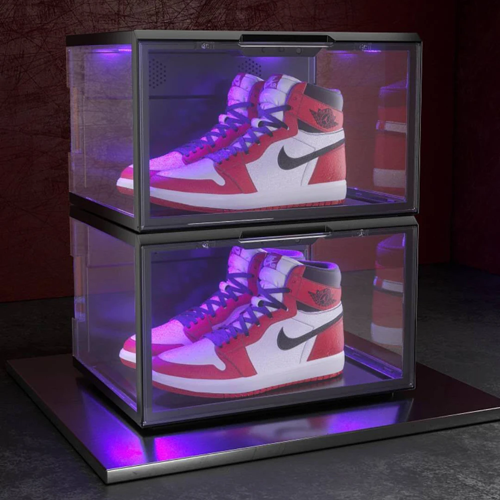 Voice Control Stackable Sneaker Storage Led Box Side Open Transparent Plastic Magnetic  clear Shoe Box with Led Light