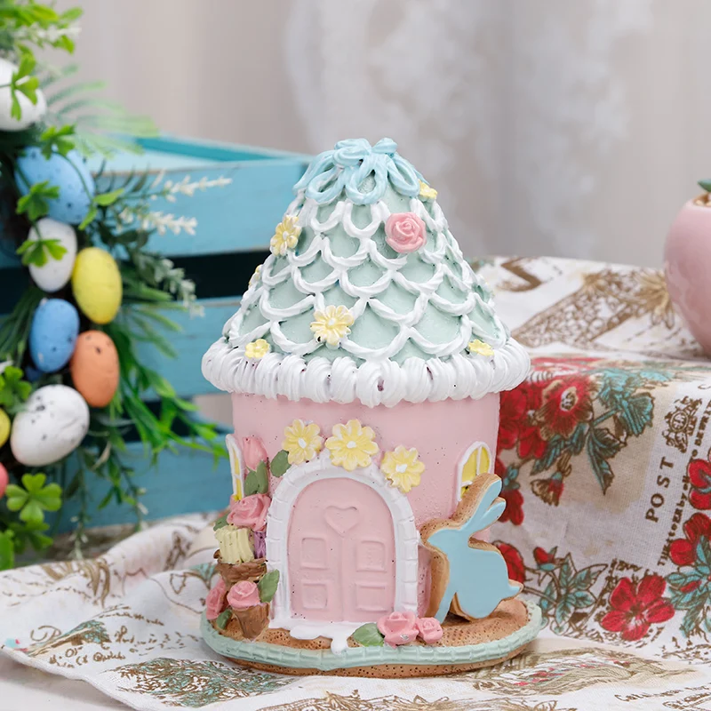 Redeco New Design Creative Easter Rabbit Cake House Figurines Cute Easter Bunny Ice Cream Resin House Spring Home Decoration