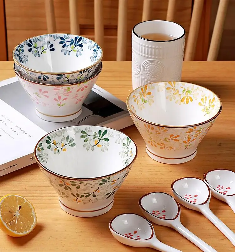 product four seasons flower japanese ceramic rice bowl 5 inch straw hat shaped bowl tableware 2021 new home tall bowl-55