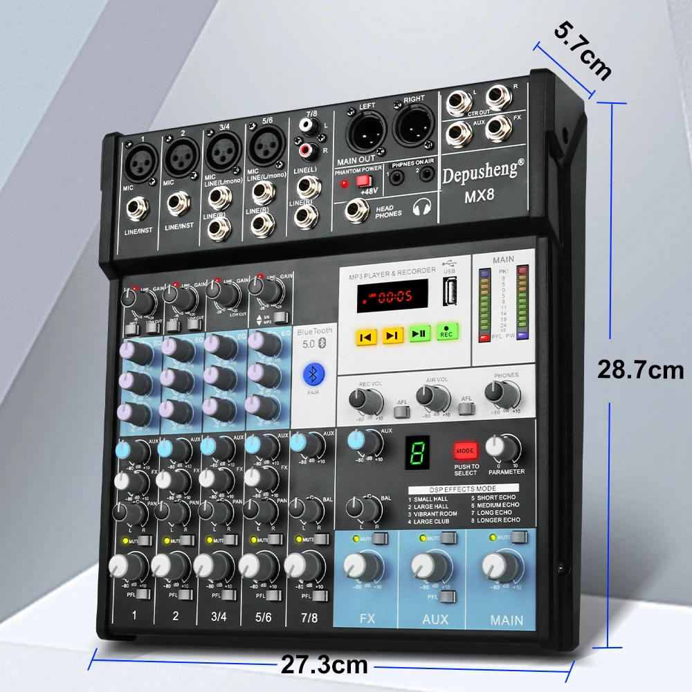 美品元箱入りDepusheng MX8 アナログミキサーエフェクト付きです。 Depusheng MX8 8-Channel Audio Mixer DJ Console Sound Board 48V