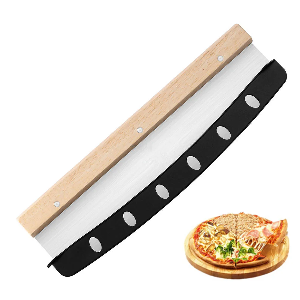 Pizza Cutter Rocker with Wooden Handle and Protective Cover Stainless Steel Pizza Slicer Wheel Pizza Chopper