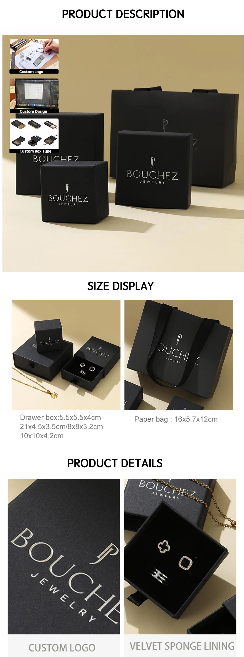 A1 Custom Logo ECO Square Paper Jewelry Gift Packaging Drawer Box with Custom Size & Shape Button Closure FSC ROHS Certified factory