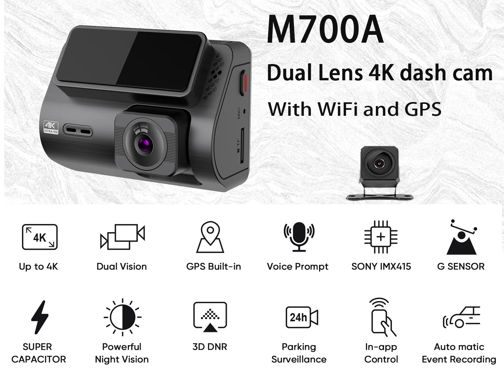 EKIY M700C Dash Cam 2 Way 4K+1080P Car Dashcam with External GPS Car DVR  Driving Video Recorder 24H Parking Monitor WiFi Camera