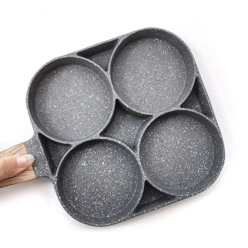 4-hole Non-stick Frying Pot Aluminum Omelet Pan For Burger Eggs Ham Pancake  Breakfast Maker Kitchen Cookware Wooden Handle Pan