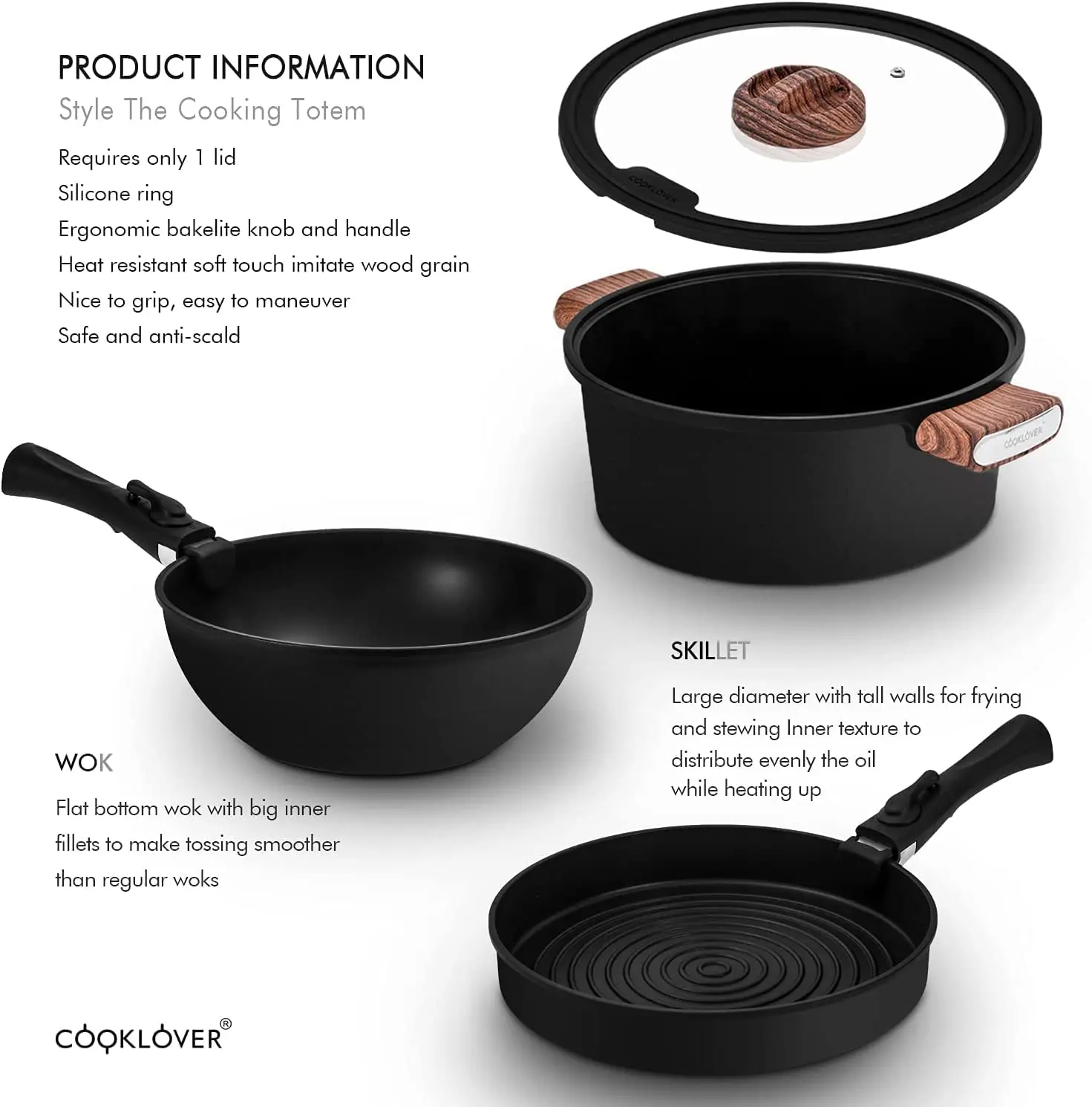 Cooklover Best Kitchen Ware Modern Induction Cooking Pot Cookware Set Glass Lid Made Aluminium Silicone Marble Bakelite Home Use
