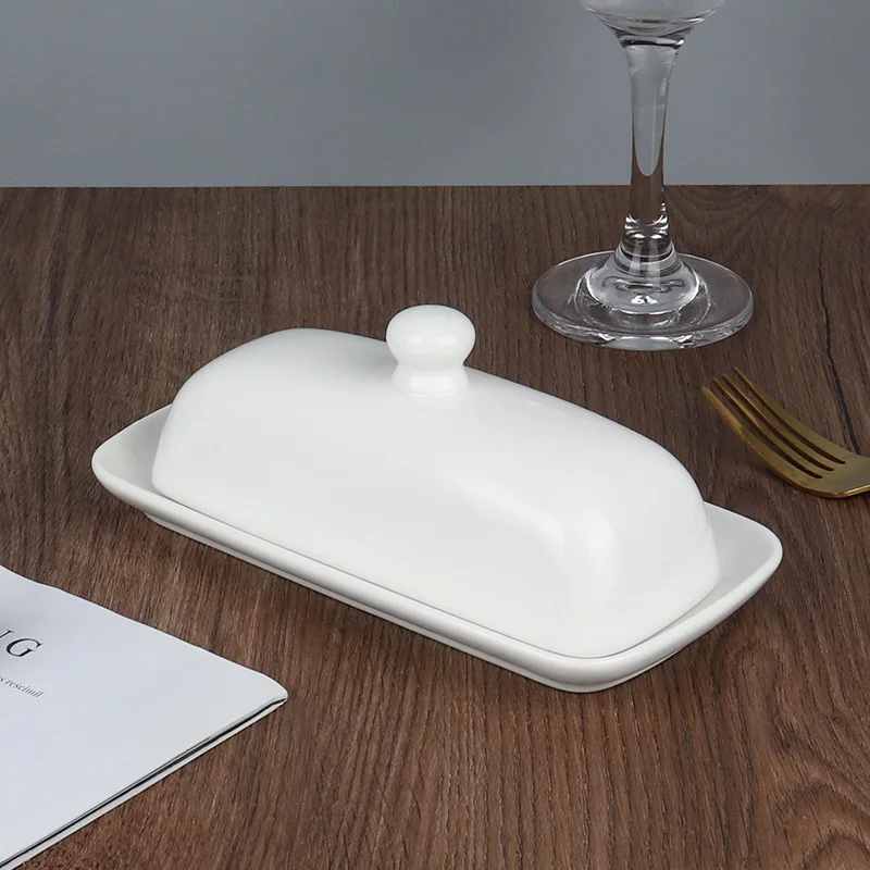 Custom Porcelain Cheese Butter Keeper Container Handle Cover Rectangular Ceramic Butter Dish With Lid