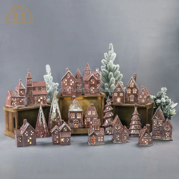 Christmas Decorative Ceramic Village houses with cutout windows for a beautiful glow led Light the perfect gift for holiday