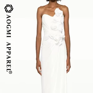 Haute Couture Fashion Lady White Three-Dimensional Flower off the Shoulder Taffeta 100% Silk Floor-Length Asymmetric Dress