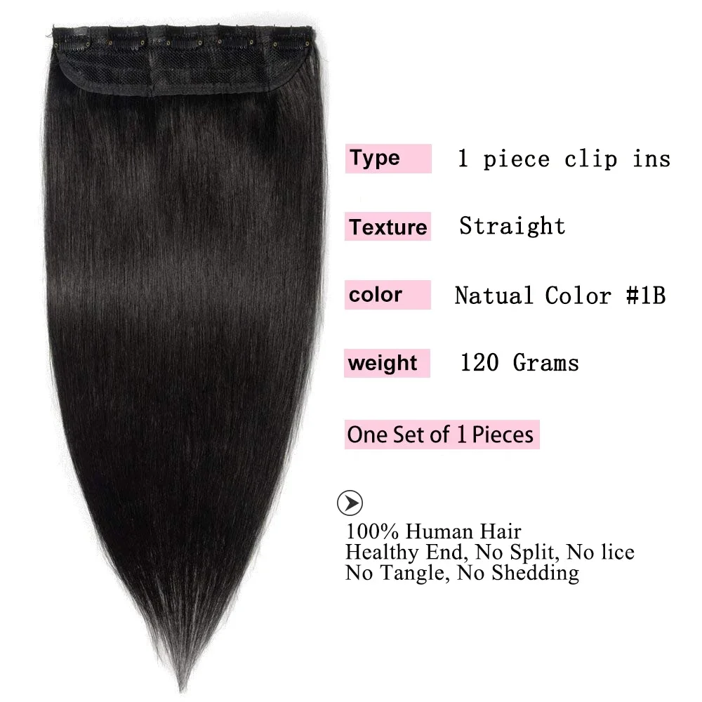 Clip in Human Hair Extensions One Piece 5 Clips 100% Real Human Hair Straight Soft Natural 120g_voghion.com