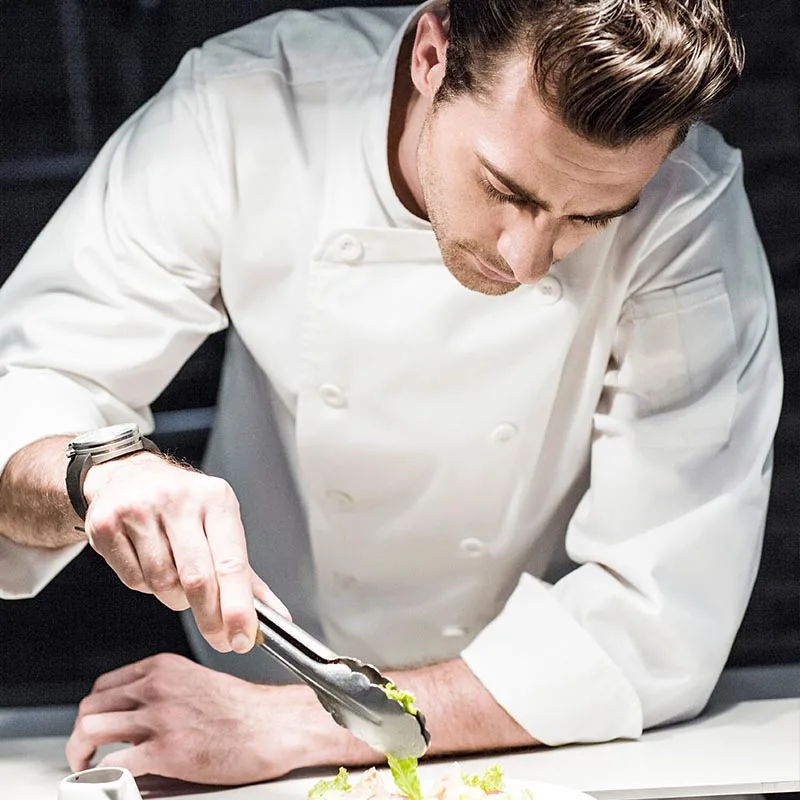 Chef Jacket Button Closure Front Pocket Long Sleeves Stand Collar Cooking Clothes Catering Kitchen Chef Uniform Custom