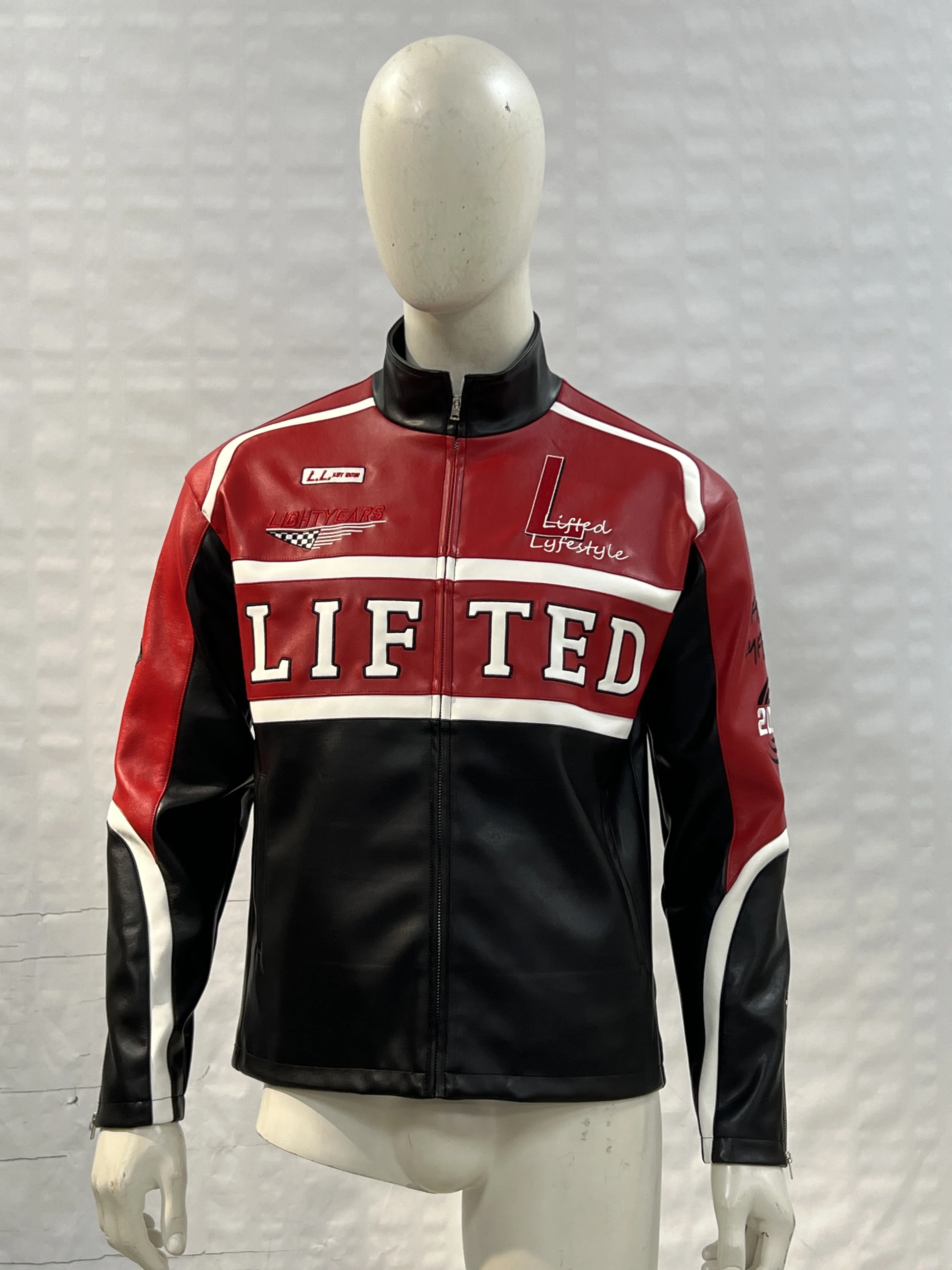 Custom Logo and Text Embroidered Stand Collar Patch Design Zipper up Speed Racer Leather Jacket