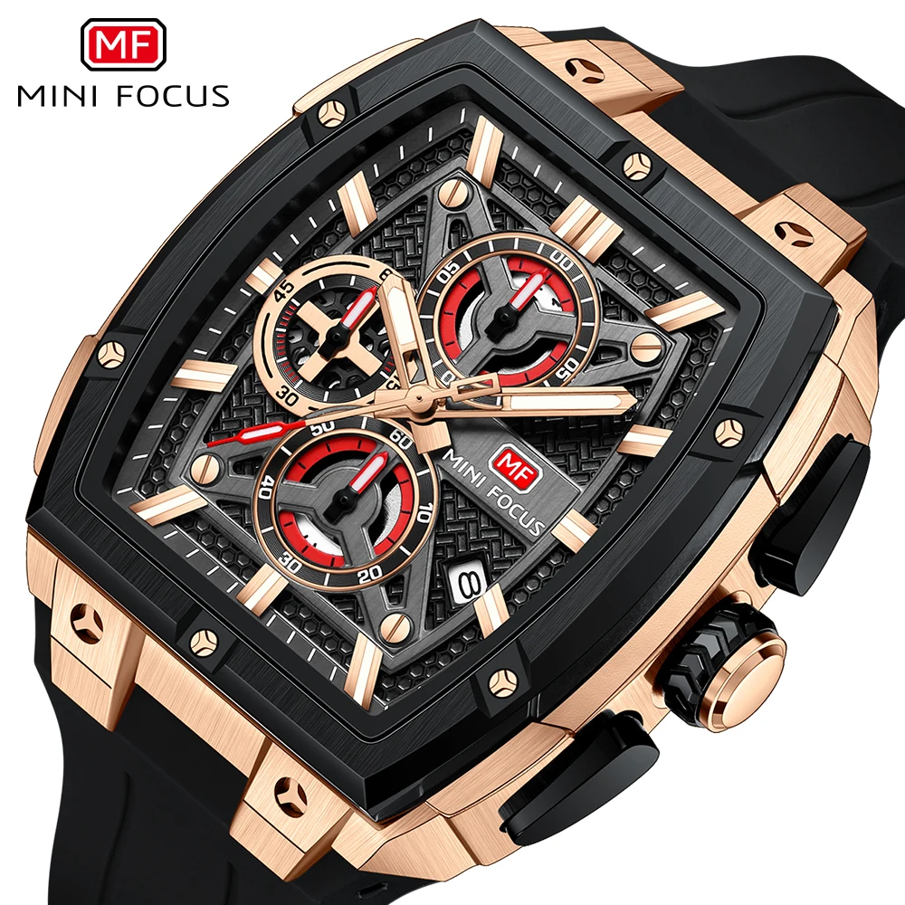 MINI FOCUS Chronograph Quartz Man New Model Watch for Men Sport Wristwatch with Black Rose Gold Silicone Strap MF0602G
