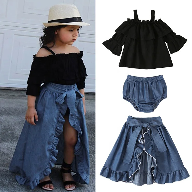 Baby Girl Clothes Sets Lace Off-shoulder Long Sleeve Black Tops Shorts ...