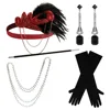 Red headdress, necklace, cigarette holder, black gloves,earrings