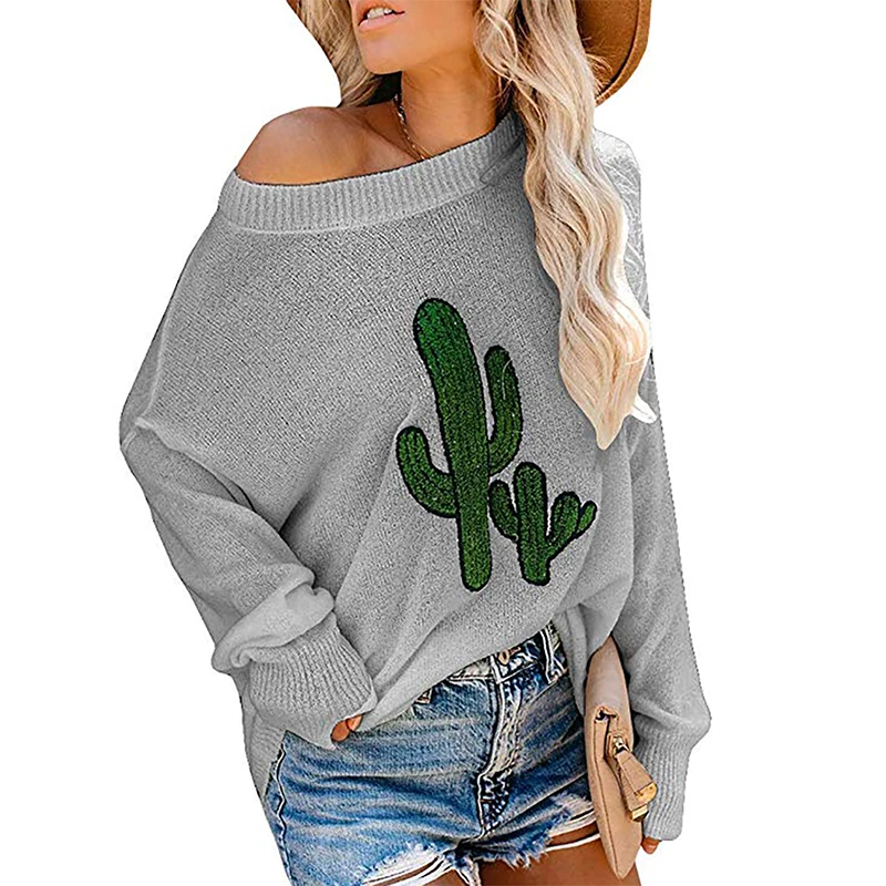 Womens Fall Cactus Print Crew Neck 