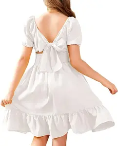 Customizable New Girls Tie Back Short Sleeve Ruffle Hem Off Shoulder Casual Elegant Dresses 2-14 Years