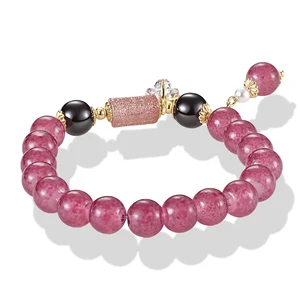 Elegant Pink Agate Beaded Bracelet with Black Onyx Crystal Accent Gold-Plated Fashion Jewelry Women Unique Handmade Design Daily