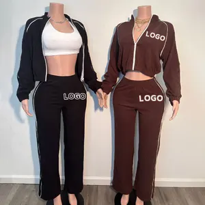 Huili Solid Color Cotton No Hood 2 Piece Pants & Zip up Stand Collar Crop Top Sports Outfits Activewear Women's Loungewear Sets