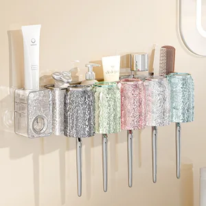 Wall-Mounted Plastic Toothbrush Holder with Cup Storage Rack & Toothpaste Squeezer Set of Mouthwash Cups