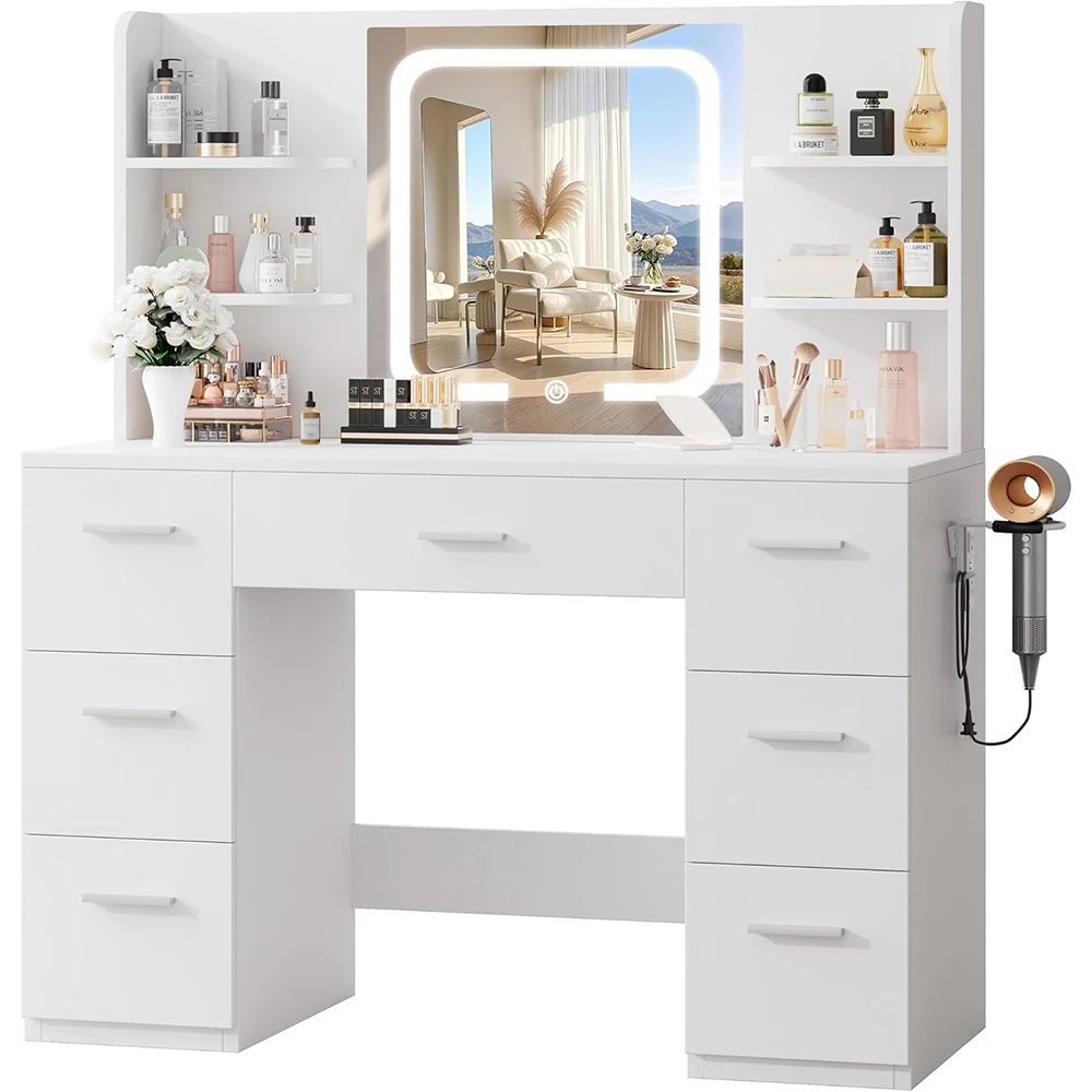 Nu-Deco MH26076 White Modern Large Makeup Vanity Desk Smart LED Mirror Power Station 43" Professional Dressing Table 7 Drawers 4