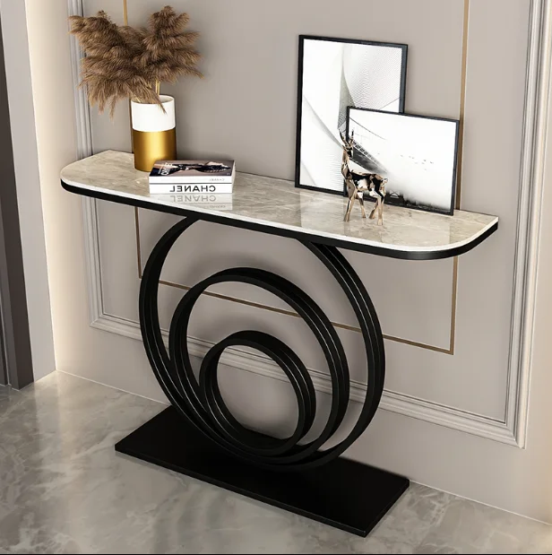 2023 Nordic Modern Luxury Gold Frame Wrought Iron Console Tempered Glass And Marble Top Coffee