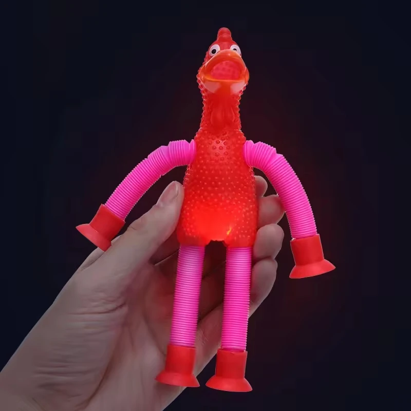 Wholesale Multi-color LED Light-Up Sensory Fidget Tube Rubber Chicken Toy for Kids Pops Tube With Suction Cup Box Packed