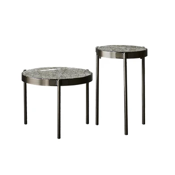 home furniture wholesale modern minimalist the room black metal high quality dark gray round marble small coffee table set