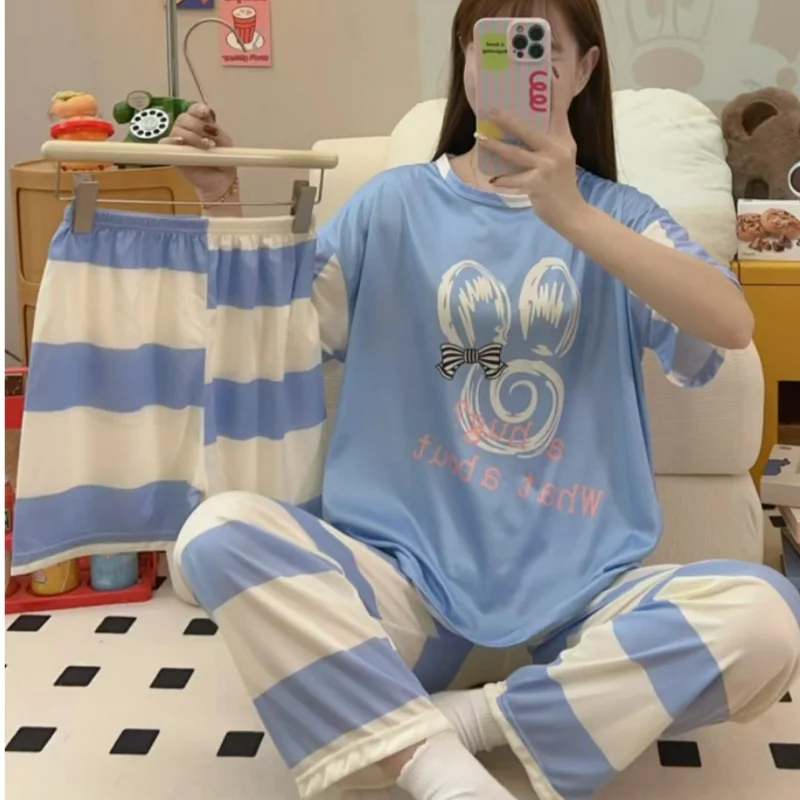 Women's 3 In1 Pajamas Cheap Short Sleeve Pant Shorts 3 Pieces Set Sleepwear Korean Soft Home Nightwear Cartoons Baju Tidur