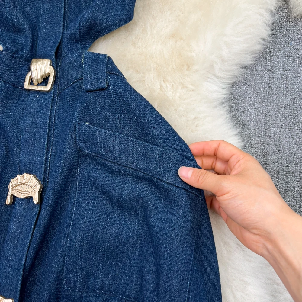 cut-out sleeveless lapel denim dress Lapel Sleeveless Denim Dress Denim / S