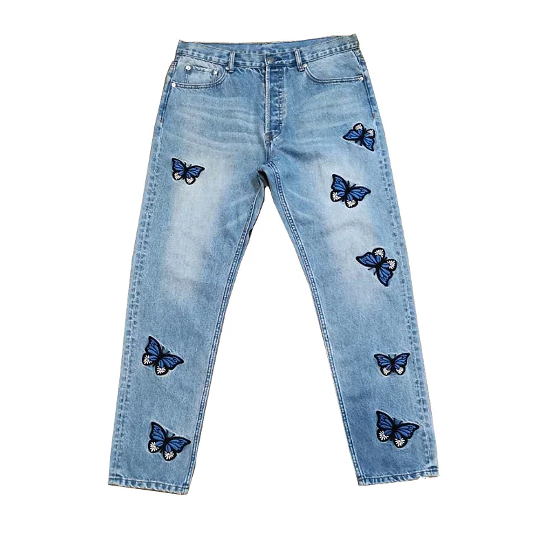 Source high quality mens butterfly embroidery denim pants leg blue color denim jeans for men on m.alibaba.com