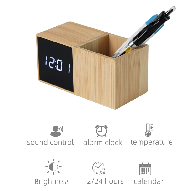 OEM Custom Voice Controlled Bamboo Acrylic Mirror Surface Time Date Temperature Digital LED Wood Alarm Clock With Pen Holder