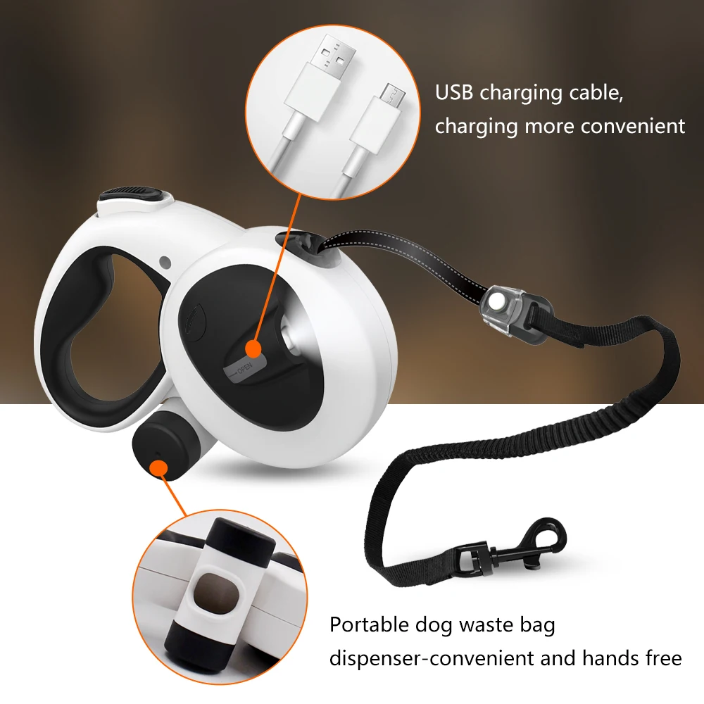 Light Up Usb Rechargeable Retractable Pet Dog Leash With Led Flashlight ...