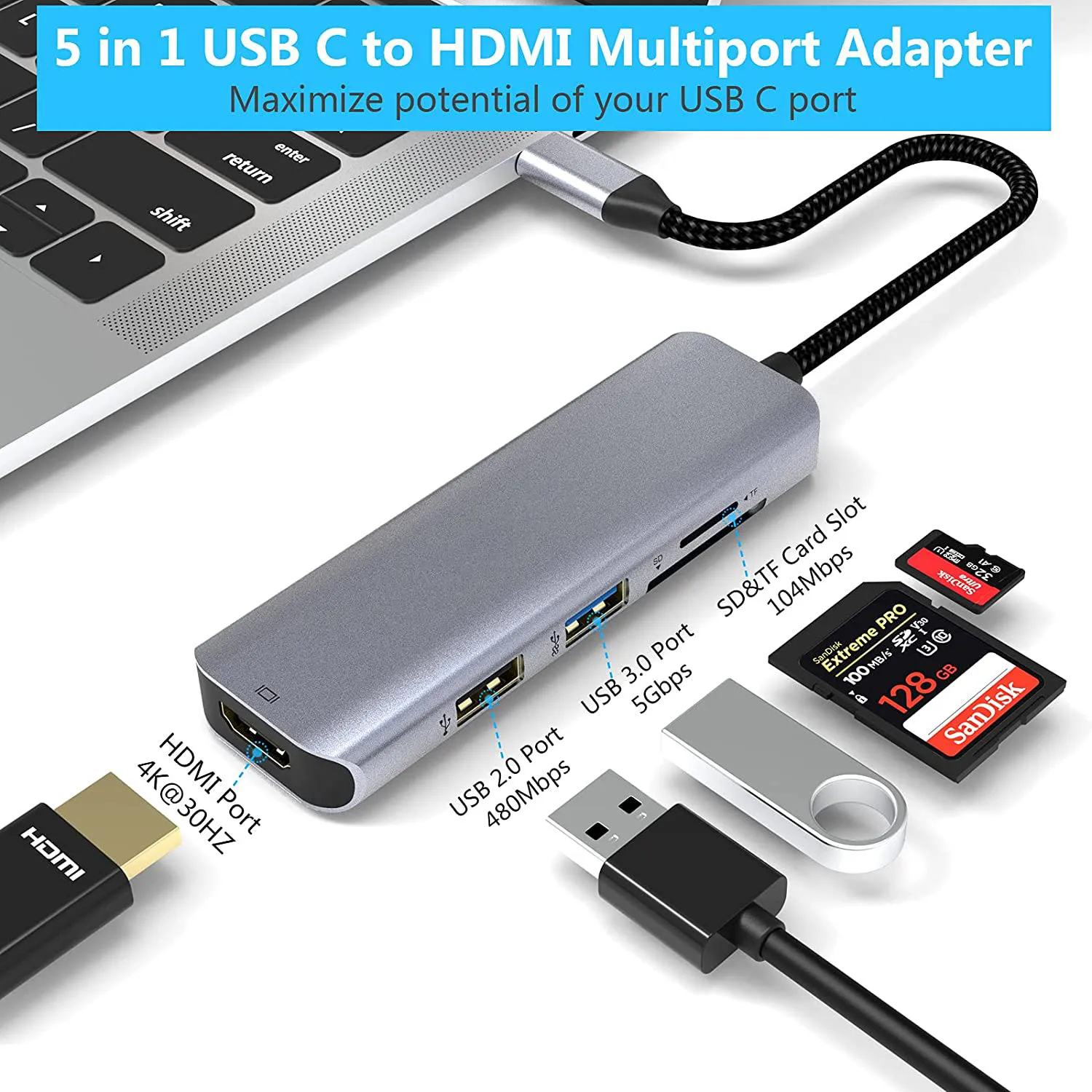 5 в 1 USB-C Hub адаптер переменного тока TF/SD кард-ридер USB-2.0 USB-3.0 USB Type-C на HDMI совместим с 3 ноутбуки
