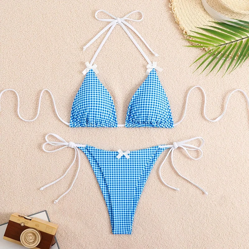 Wholesale Custom Bikinis for Women 4 Color Options Spandex Plaid Pattern Women Bikini Swimwear