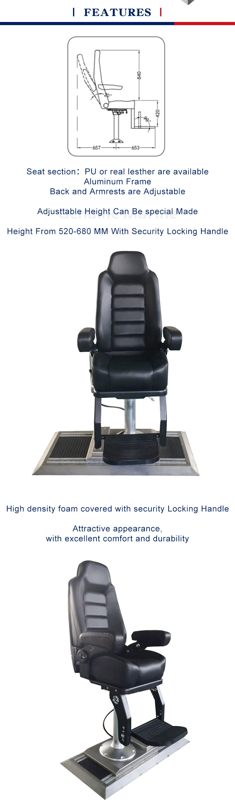 Luxury Marine White Captain With Hand Rest Stainless Steel Adjustable